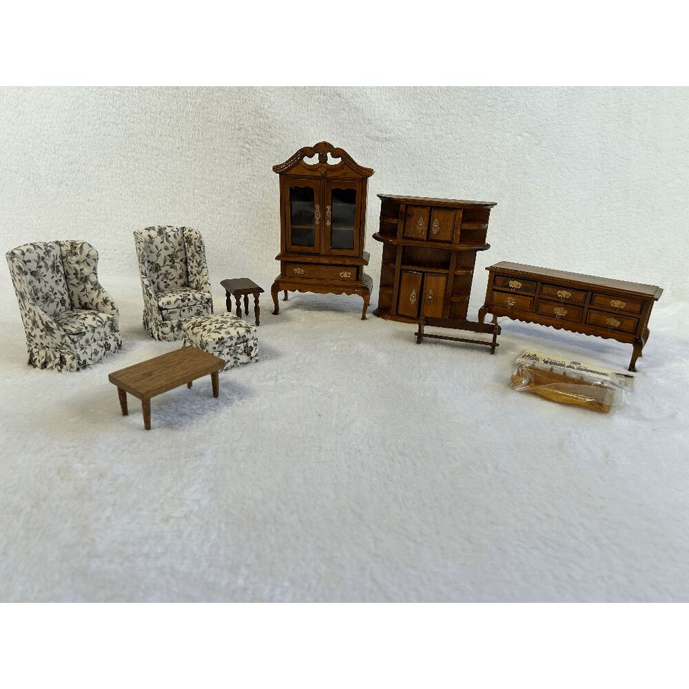 Miniature Doll House Furniture Lot, Wooden Pieces, Cloth Chairs, Vintage
